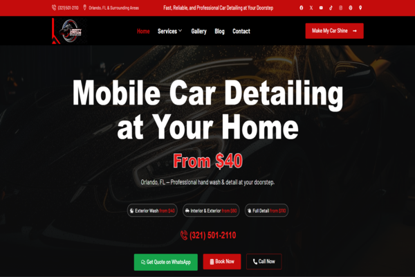 Hero section promoting mobile car detailing at your home in Orlando, starting from ; dark background car image with bold white title, red price text, contact number, and action buttons: Get Quote on WhatsApp, Book Now, Call Now.