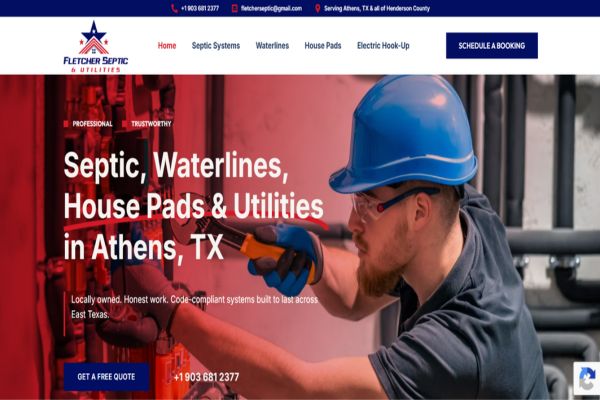Worker in a blue hard hat at a utilities site beside a pipe, with the headline 'Septic, Waterlines, House Pads & Utilities in Athens, TX'.